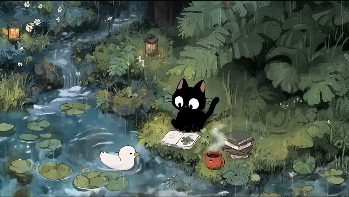 A Kitten reading a book with a duck swimming nearby in a fantasy setting